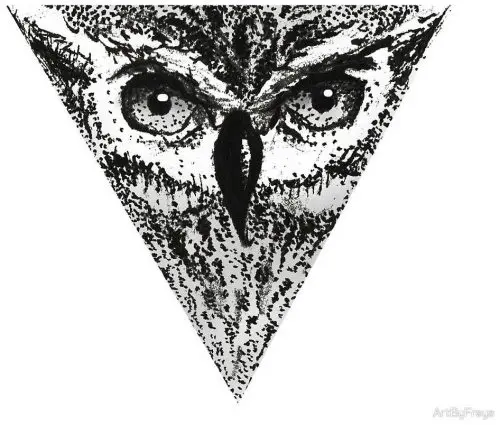 A black and white drawing of an owl in a triangle.