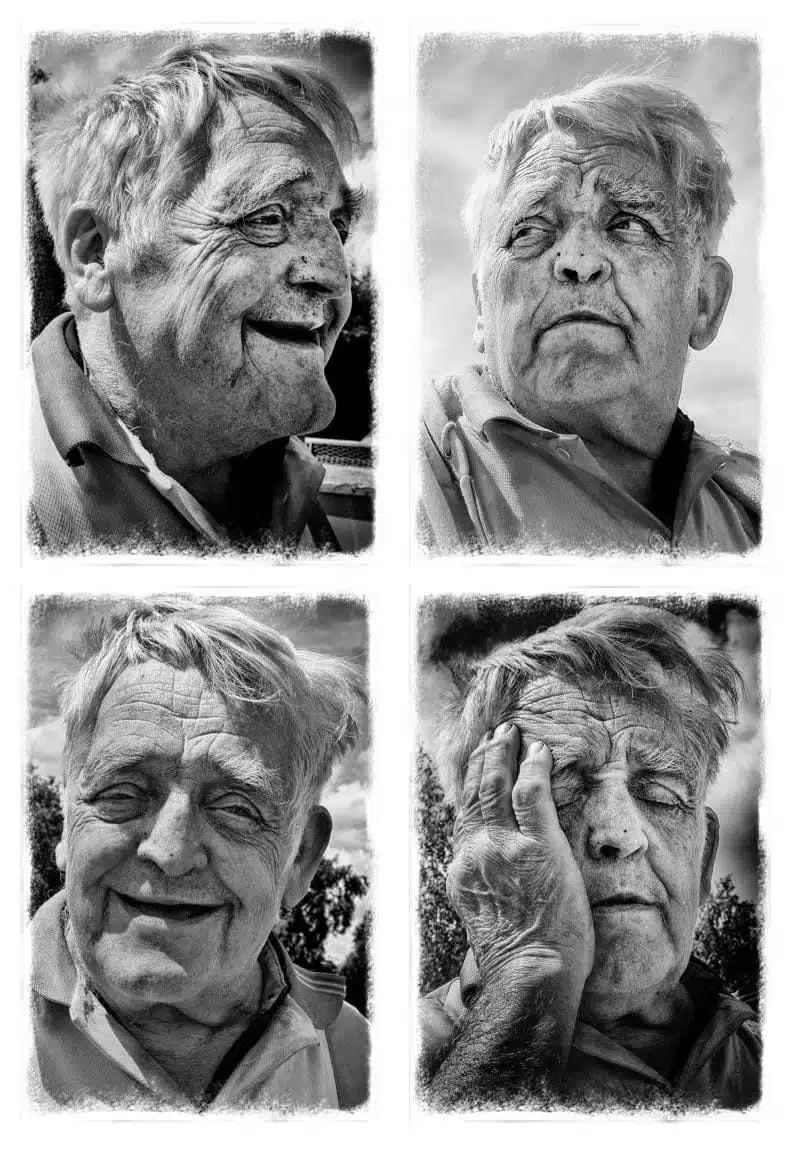 Four black and white pictures of an old man.