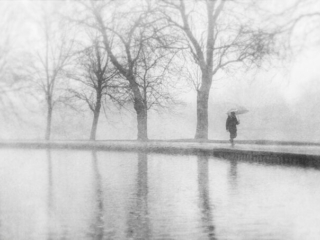A black and white photo of a person walking by a pond.