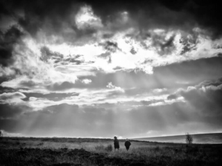 A black and white photo of two people standing in a field.