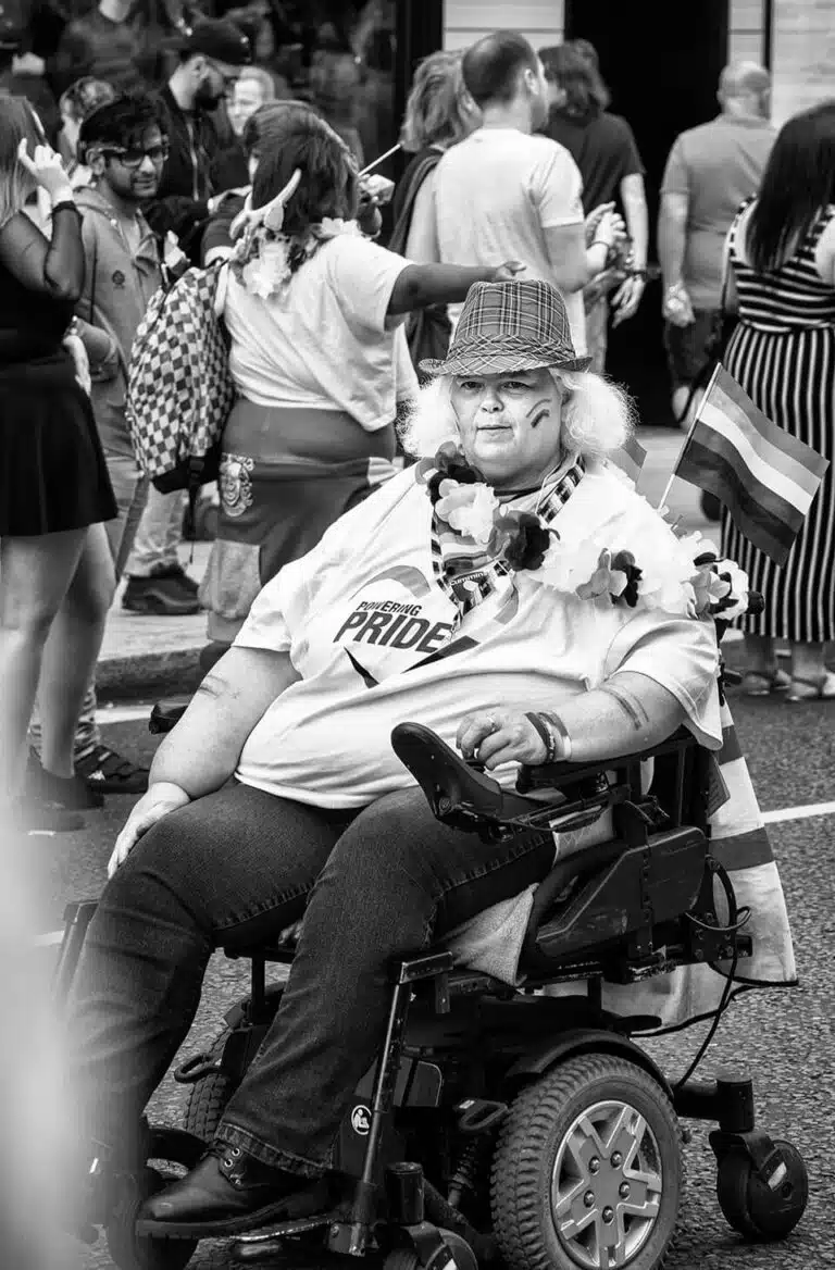 Leeds-Pride-2019-24 A woman in a wheelchair on a street in london.
