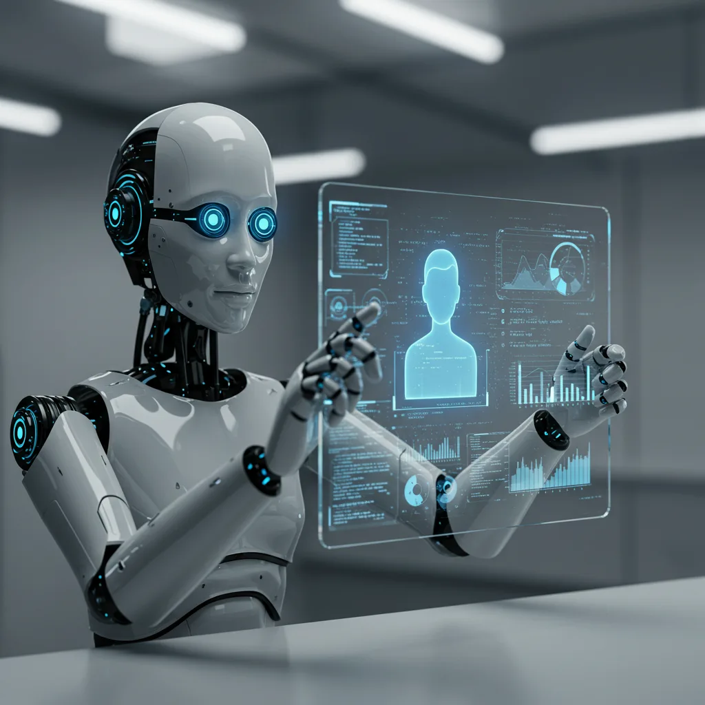A humanoid robot interacts with a transparent digital screen displaying human profile information and data graphs in a modern room.